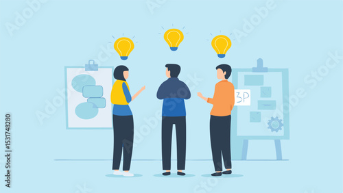 Three people brainstorming with lightbulbs above them and whiteboards in the background illustration