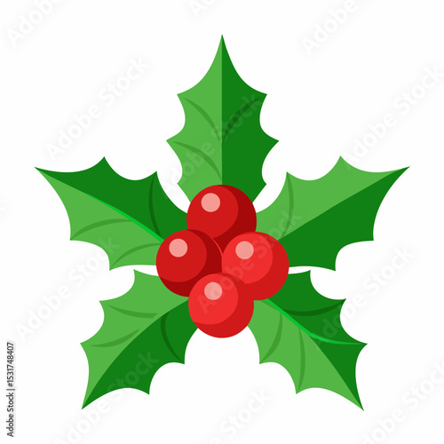 Stylized Holly Berry Illustration with Five Pointed Leaves and Four Red Berries for Christmas and Holiday Season Decoration on a White Background