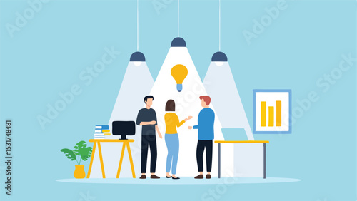 Team brainstorming session under a bright idea lightbulb with office setting and business chart art