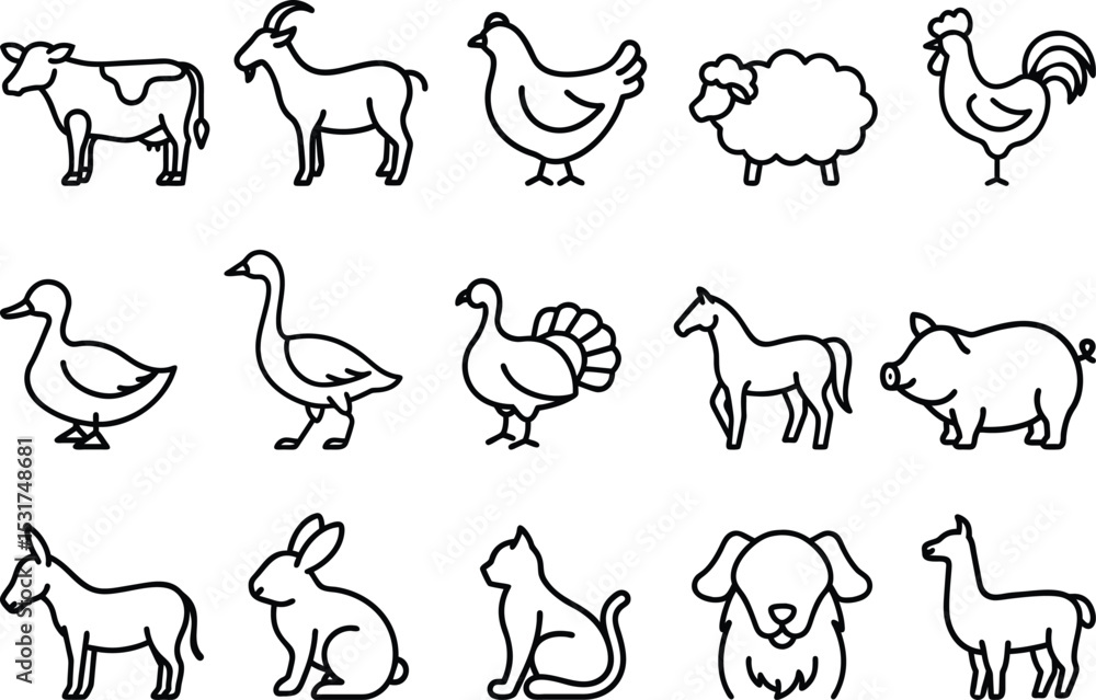 Obraz premium Farm animal outline icon set with goat, chicken, sheep, duck, dog, and pig illustrations
