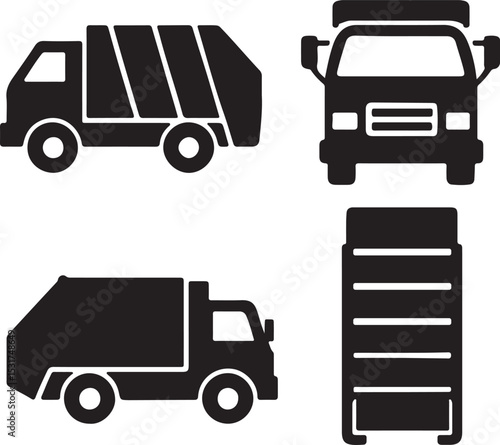 Garbage truck silhouette icons set side, front, back, and top views vector art illustration.