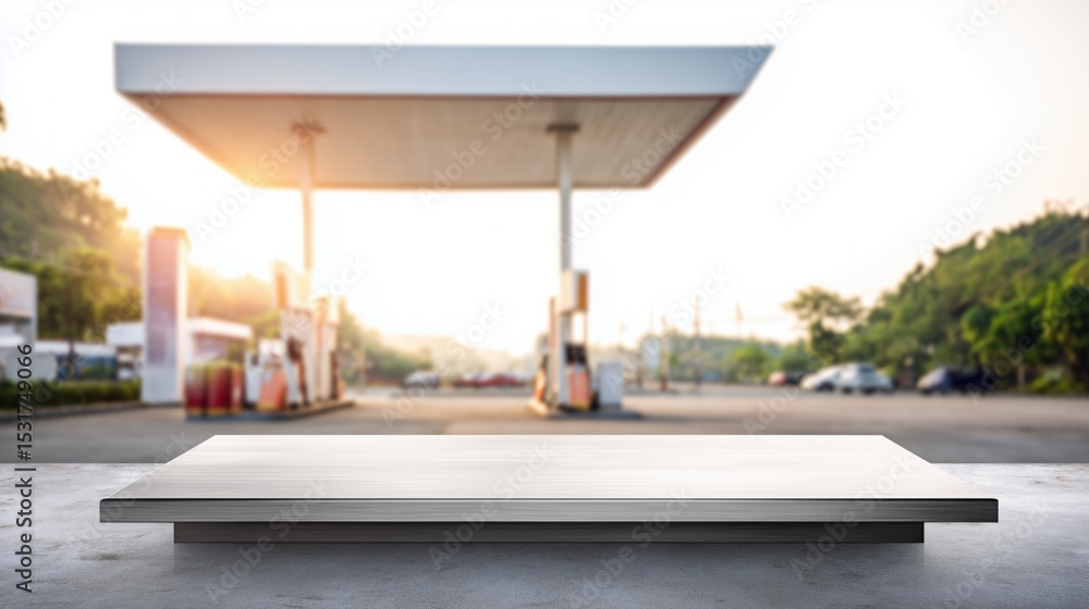 Fototapeta premium outdoor gas station scene at sunrise with empty metallic foreground platform, designed for advertisement or mockup placement