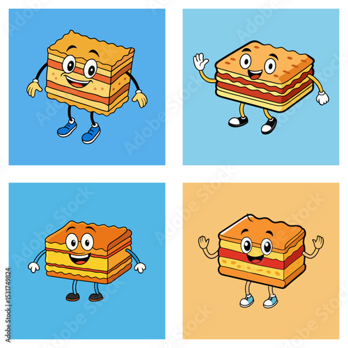 Four panels showing cartoon lasagna characters with arms legs and smiling faces on different backgrounds