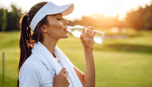 A natural and candid shot of a woman golfer taking a refreshing break on the course, enjoying a drink from her water bottle with a small towel in hand.