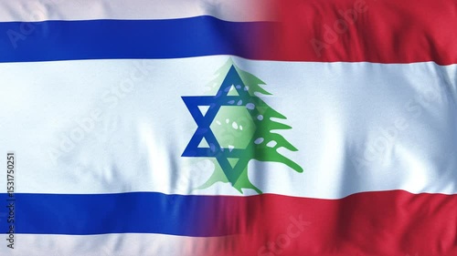 FLAGS OF THE COUNTRIES ISRAEL AND LEBANON. A mesmerizing, ultra-slow-motion video of a high-quality flag gracefully waving in the wind, capturing every delicate ripple and fold in stunning detail.