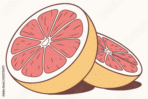 Two halves of a fresh pink grapefruit