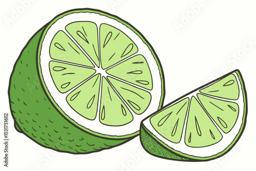 Hand drawn illustration of a lime cut in half