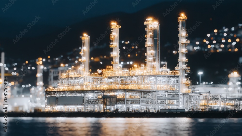Fototapeta premium Night Industrial Refinery Chemical Plant Production Energy Power Factory Manufacturi