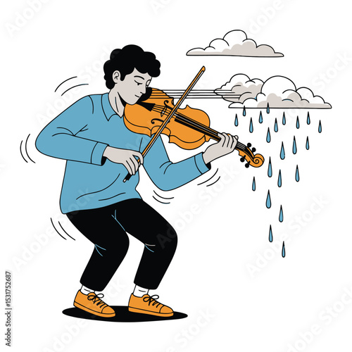 A Violinist Plays Amidst Rain Expressing Melancholy and Artistic Passion.