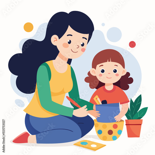 mother and daughter painting together artsy messy vector