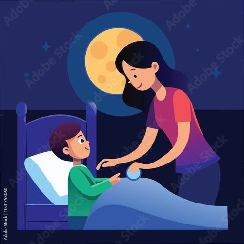 mother tucking child into bed nightlight glow effect vector