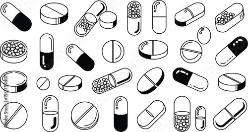 A monochrome illustration of various pills and capsules on white background