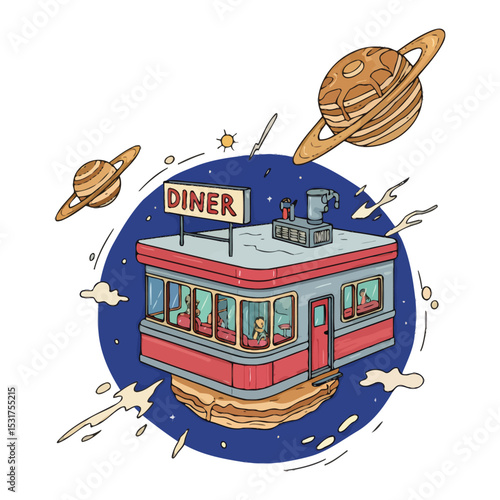 Whimsical Space Diner on Pancake Planet with Saturn-Shaped Pancake Planets.