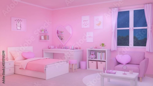 Kawaii Pink Bedroom at Night with Heart Decor – Animated Streaming Background, animated background