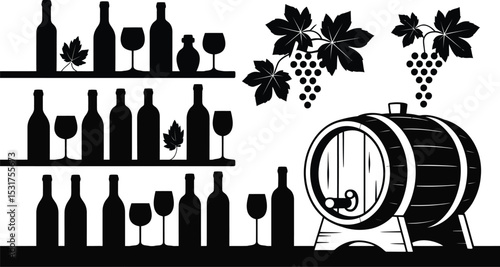 Silhouette illustration of wine bottles glasses grapes and a wine barrel
