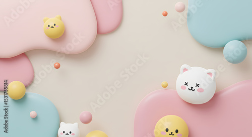 Whimsical 3D abstract composition featuring cheerful expressions and pastel tones, evoking feelings of creativity and joy. Suitable for designs focused on fun, simplicity, and childlike wonder.