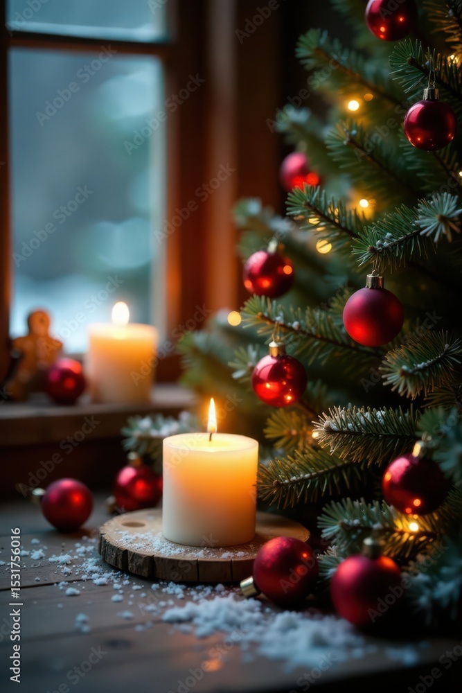 Rustic Christmas candlelit scene Fir, baubles, gingerbread, snow, bokeh , cozy, holiday Rustic Christmas candlelit scene Fir, baubles, gingerbread, snow, bokeh , cozy, holiday