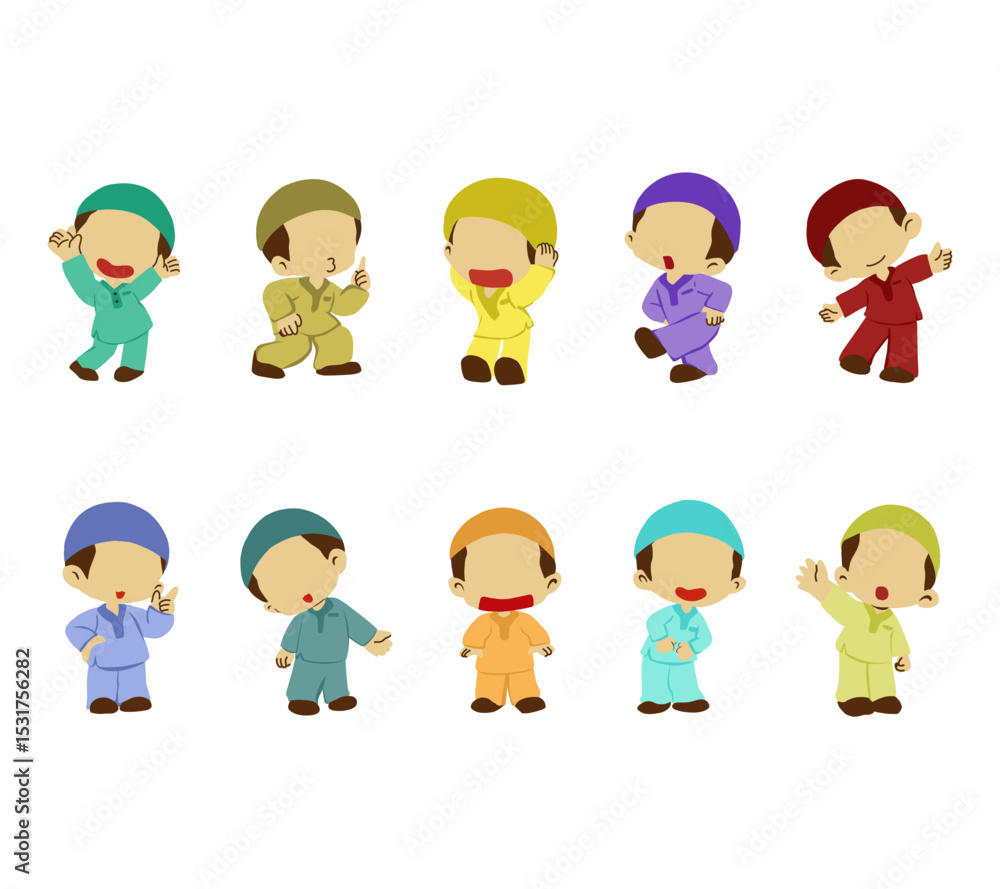 A cute illustration set featuring faceless and adorable Muslim boys in various poses, wearing traditional attire. Ideal for Islamic educational content, festive designs, children books, and cultural A cute illustration set featuring faceless and adorable Muslim boys in various poses, wearing traditional attire. Ideal for Islamic educational content, festive designs, children books, and cultural
