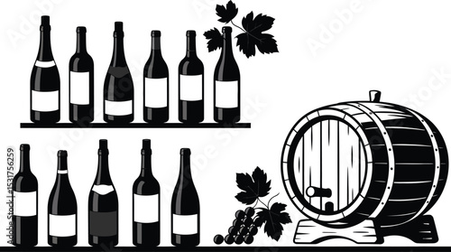 Illustration of wine bottles on shelves with a barrel and grape leaves