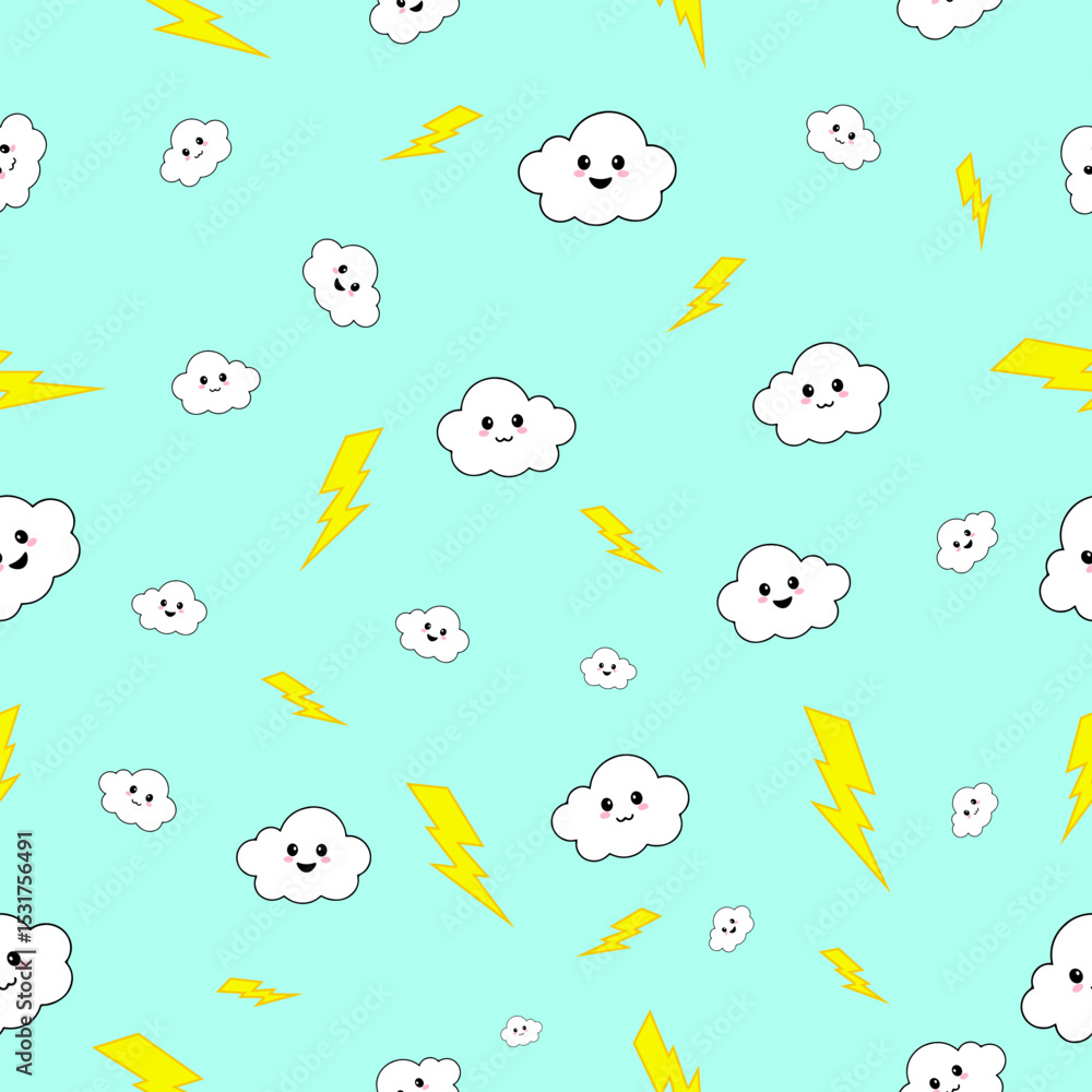 Fototapeta premium Thunderstorm pattern design digital art whimsical clouds and lightning bright colorful background aesthetic viewpoint