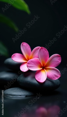 Serene zen stones, vibrant pink plumeria blossoms, dark background , illustration, vibrant