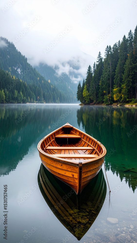 Fototapeta premium Serene Lake Reflection: A solitary rowboat peacefully floats on a tranquil lake, reflecting the surrounding forest and mountains, creating a scene of calm and natural beauty.