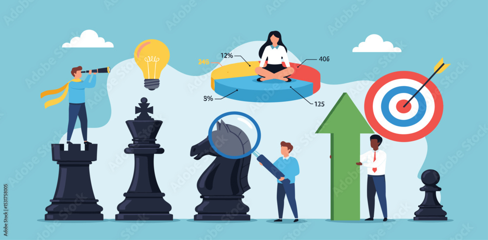 Obraz premium Strategy management, success planning or solution development, business improvement or growth analysis, intelligence insight information, business people help analyze strategy management chess