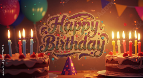 Vibrant birthday scene featuring lit candles on cakes, festive balloons, and colorful decorations, creating a joyful party atmosphere perfect for celebrating life s special moments.
