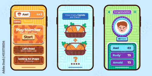 Kids education mobile apps smartphone application user interface for children colorful design UI set collections