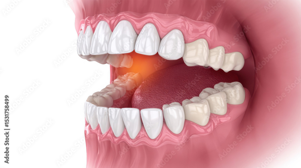 Obraz premium Realistic 3d rendering depicting a human mouth displaying teeth alongside a painful ulcer, accentuated with warm colors, set against a transparent background for clarity