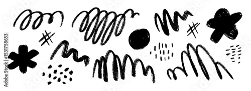 Black hand drawn pen scribble set. Grunge crayon doodled line pack. Free hand rough curly pencil scrawl try collection. Messy charcoal squiggle brush stroke bundle. Vector wiggly marker sketch swirl