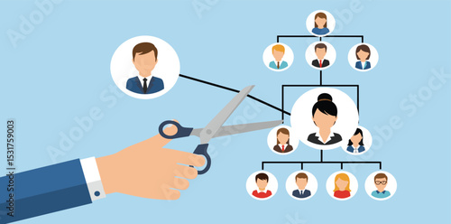Downsizing or layoff employee, contract termination, loss job from redundancy, dismissal workforce, restructure company, unemployed or outsourcing, businessman hand cut job from organization .