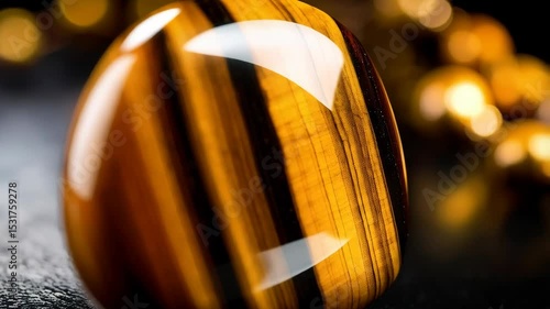 Close-up of polished Tigers Eye gemstone on textured surface with golden bokeh highlights in the background showing pattern and detail.