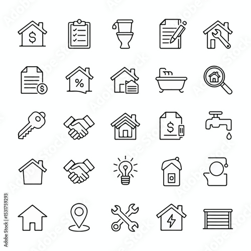 Real Estate and Property Line Icon Set Featuring Home Sale, Mortgage, Inspection, and Utilities
