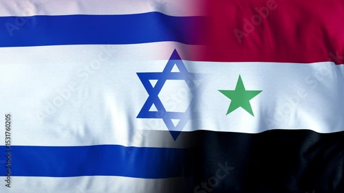 FLAGS OF THE COUNTRIES ISRAEL AND SYRIA. A mesmerizing, ultra-slow-motion video of a high-quality flag gracefully waving in the wind, capturing every delicate ripple and fold in stunning detail.