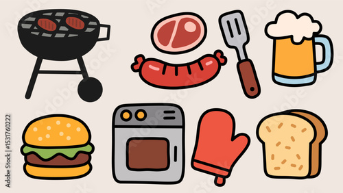 Cute BBQ vector icons featuring grill, sausage, steak, oven, burger, spatula, beer, and bread in a colorful and flat style. Perfect for summer party, picnic, menu, or food-themed designs.