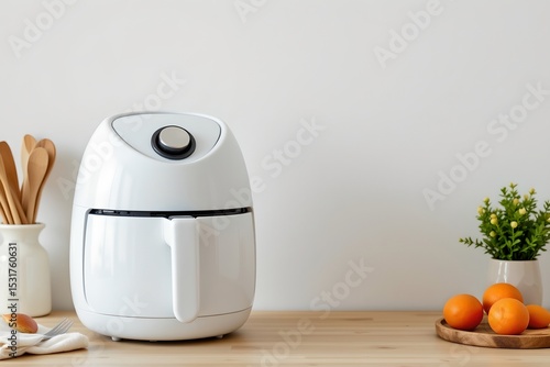 a white air fryer placed on the left side of the frame with a clean, uncluttered background on the right for copy space.