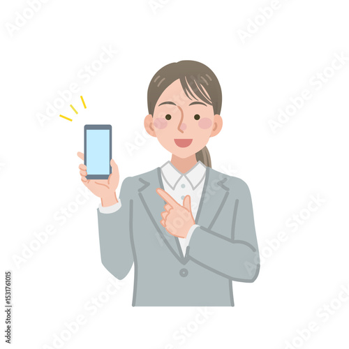 スマホ画面を見せるビジネスウーマン