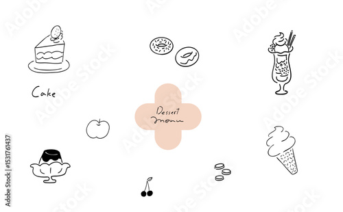 デザートメニューセット_手書きイラスト_線画｜Dessert Menu Set_Hand-drawn Illustration_Line Art