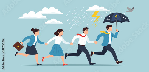 Protective leader, courage or leadership to protect team colleagues, aspiration or support for employee to solve problem and get through crisis, adversity, risk or organization thunderstorm problem