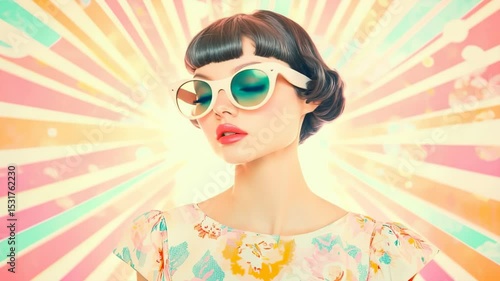 Retro-style portrait of a woman with sunglasses against a colorful radial background