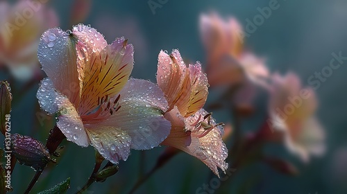 Dew-kissed blooms in an English garden, a serene morning wrapped in soft light and mist