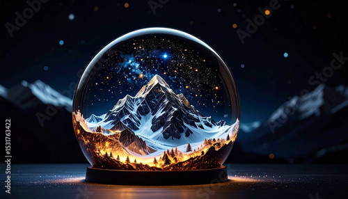 Enchanting Mountain Snow Globe: A miniature mountain range is encased in a magical snow globe. The mountains are nestled beneath a starry night sky. The base is warmly illuminated with a soft.