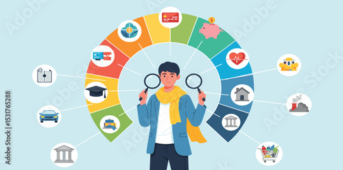 Budget planning, financial expense or spending allocation, investment, income, saving percentage pie chart, cost tracking or debt management concept, businessman analyze budget allocation pie chart.