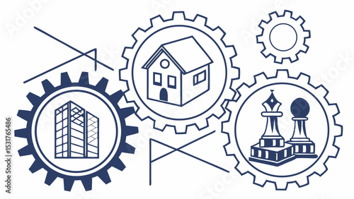 Illustration of gears containing a building, house, and chess pieces with geometric shapes around it