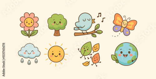 Nature cartoon icon set – sun, cloud, tree, flower, bird, and planet Earth in a cute educational doodle design for kids, perfect for eco-learning and preschool content