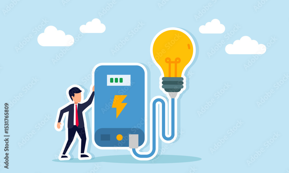 Businessman near power bank charging a lamp illustration of increasing literacy in research to develop business ideas Businessman near power bank charging a lamp illustration of increasing literacy in research to develop business ideas