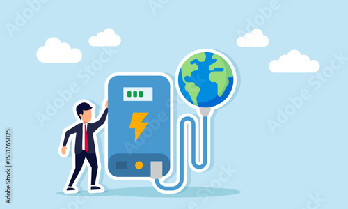 Businessman near power bank charging the earth illustration of restoring the planet or company csr for reforestation