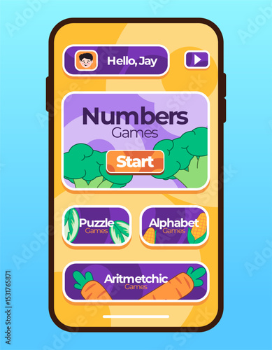 Apps games selection button number math mobile apps smartphone application user interface for children colorful design UI