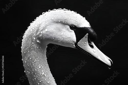 A dramatic black and white portrait of a swan with water droplets glistening on its feathers 